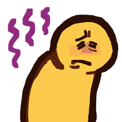 a hunched over, emoji yellow figure with tired face and three wavy purple lines coming off their back.